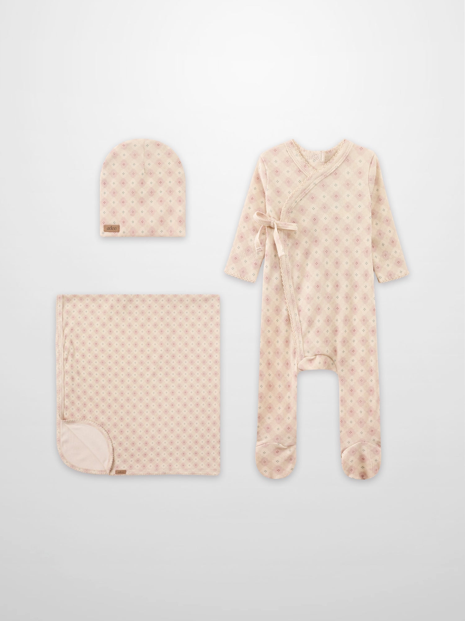 Little Button Pink Layette Set by Adee (3 pieces); pink dotted fabric with hat, blanket and wrap sleeper