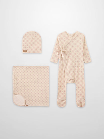 Little Button Pink Layette Set by Adee (3 pieces); pink dotted fabric with hat, blanket and wrap sleeper