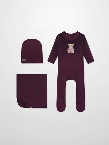 Embroidered Bear Burgundy layette set by Adee; burgundy 3-piece with bear embroidery—long-sleeve onesie, hat, and blanket.