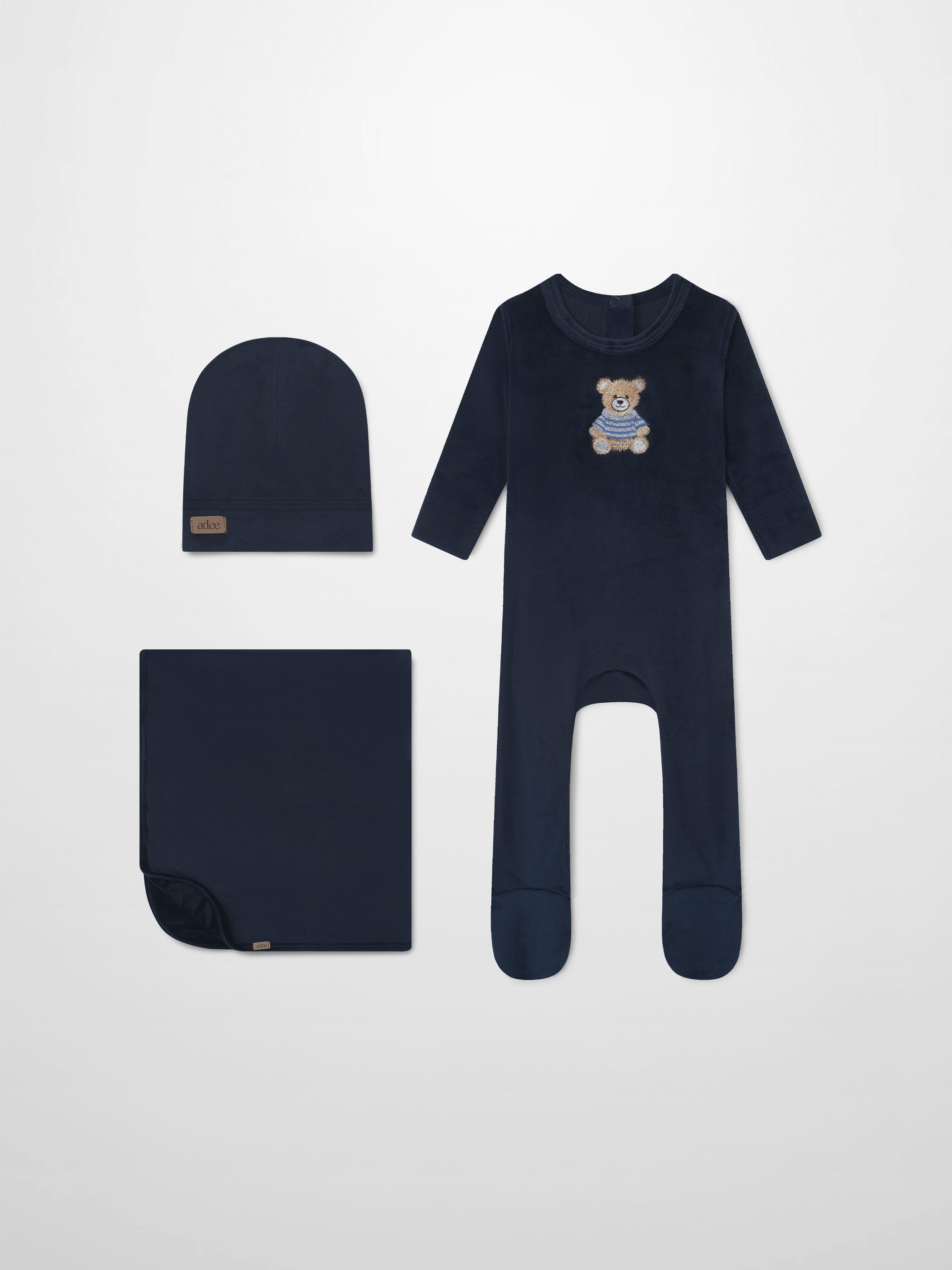 3-piece Embroidered Bear Navy layette set by Adee; includes hat, navy romper with bear embroidery, and matching blanket.