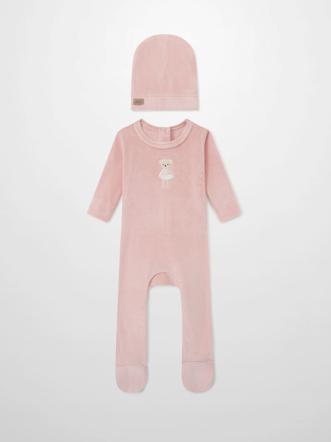 Ballerina Bear layette set for girls by Adee: pink hat and matching footed sleeper with bear in tutu embroidery.
