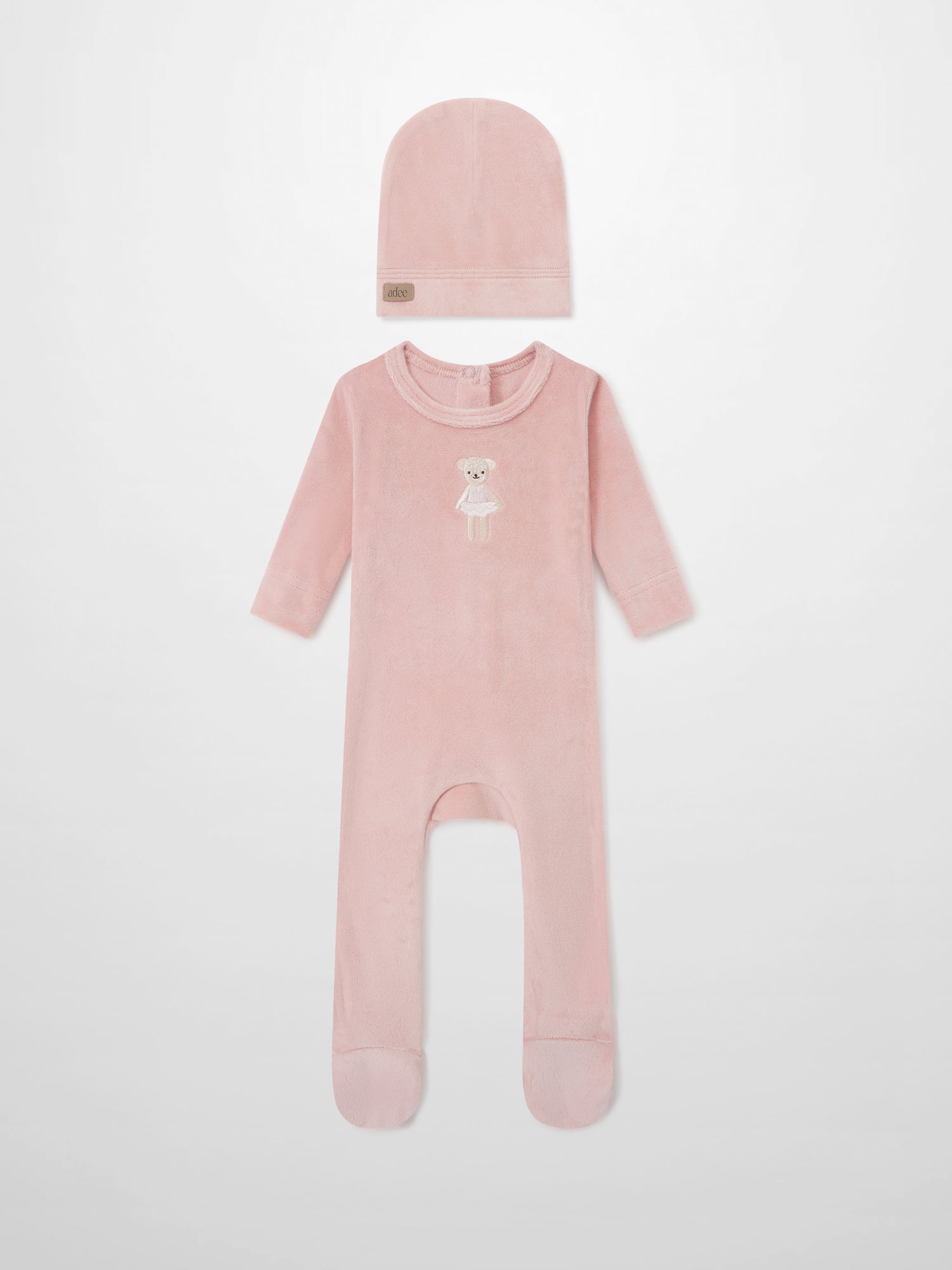 Ballerina Bear layette set for girls by Adee: pink hat and matching footed sleeper with bear in tutu embroidery.