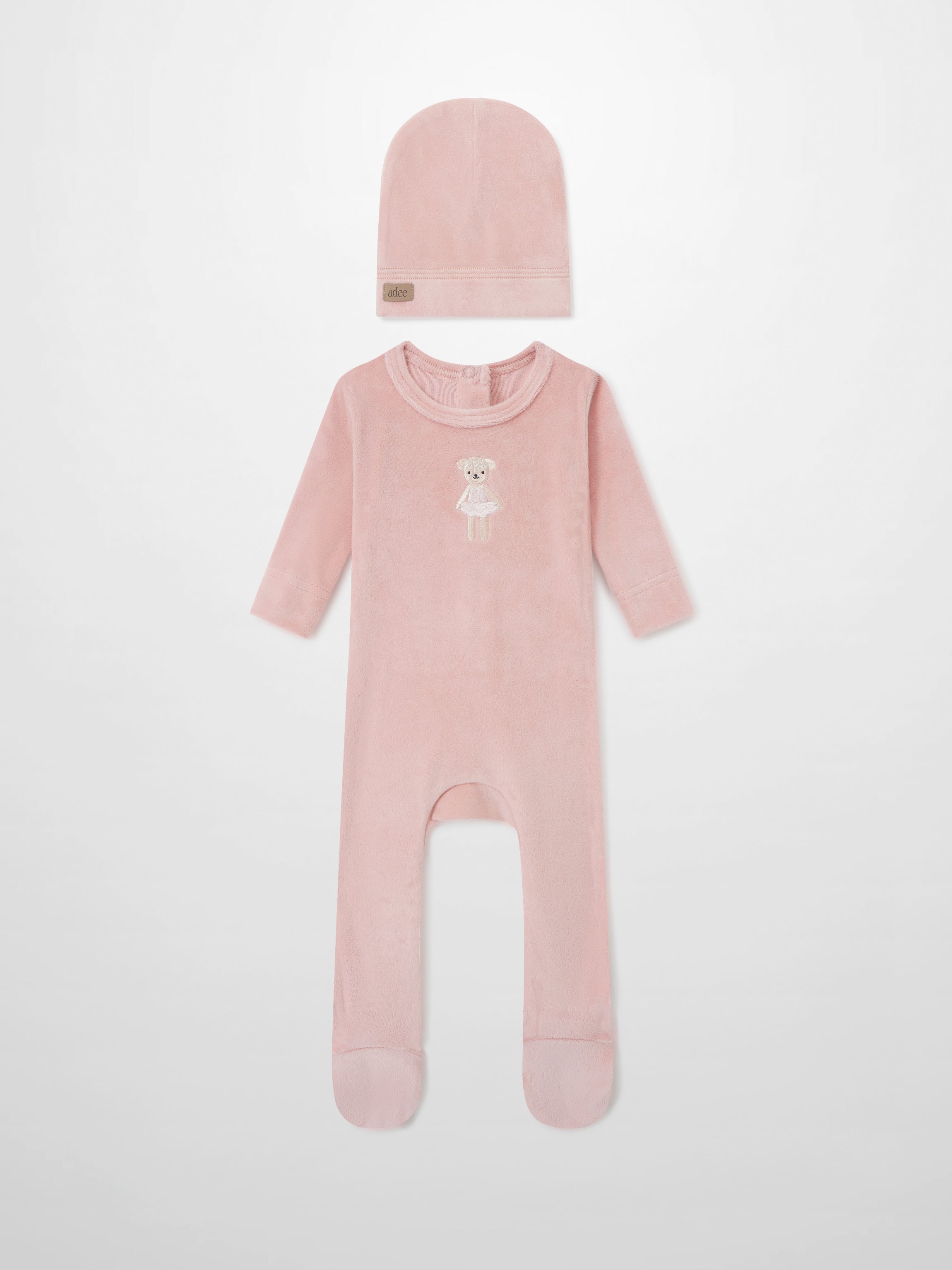 Ballerina Bear layette set for girls by Adee: pink hat and matching footed sleeper with bear in tutu embroidery.