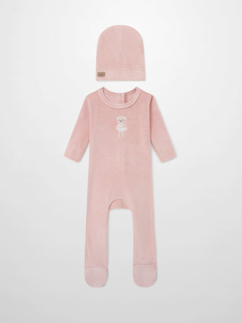 Ballerina Bear layette set for girls by Adee: pink hat and matching footed sleeper with bear in tutu embroidery.