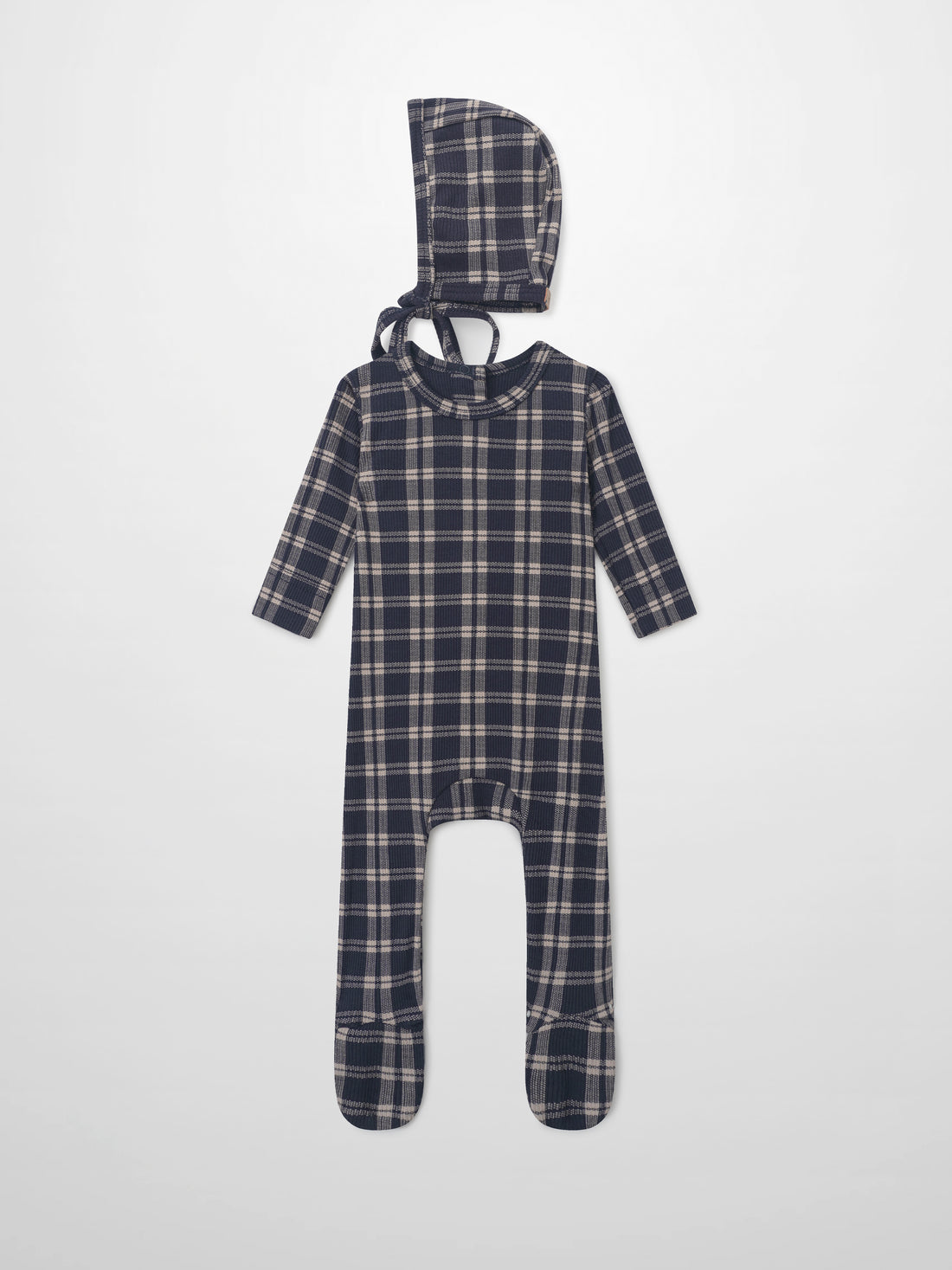 Two-piece Adee navy plaid layette set with hood and footed sleepsuit