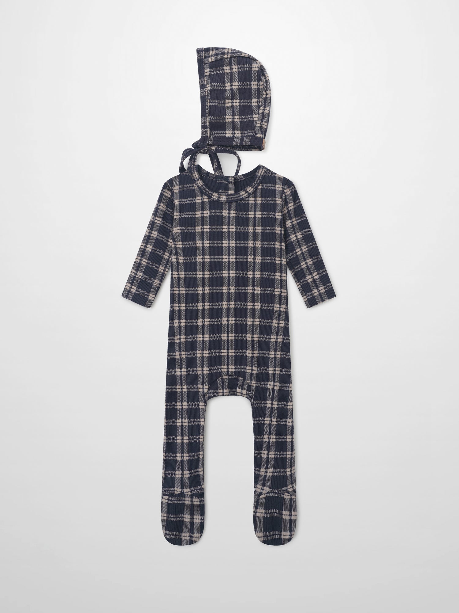 Two-piece Adee navy plaid layette set with hood and footed sleepsuit