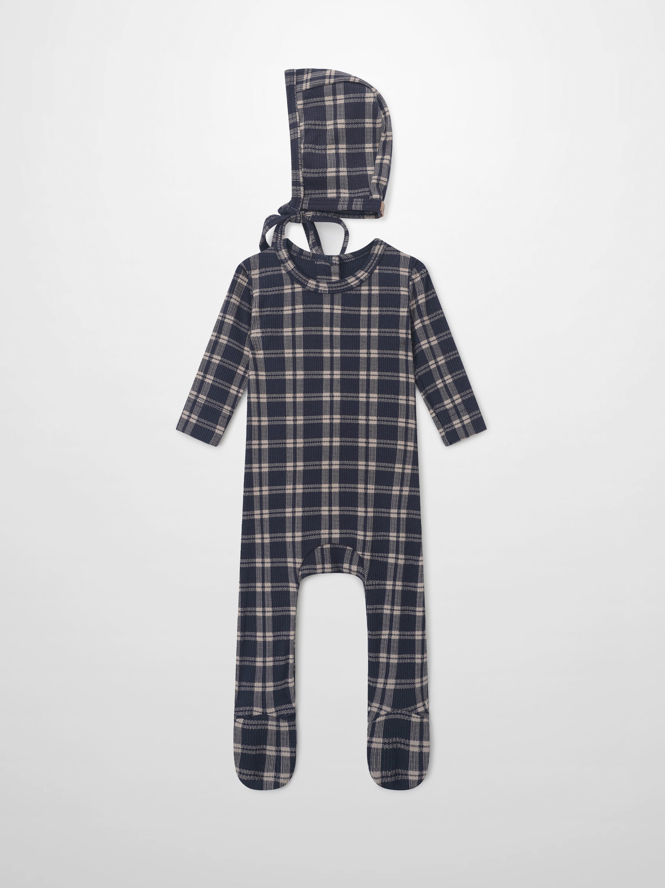 Two-piece Adee navy plaid layette set with hood and footed sleepsuit