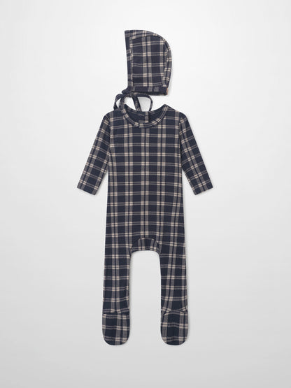 Two-piece Adee navy plaid layette set with hood and footed sleepsuit