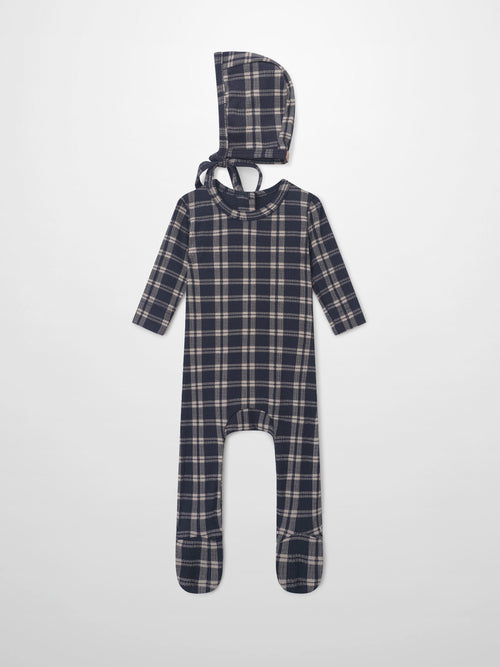 Two-piece Adee navy plaid layette set with hood and footed sleepsuit