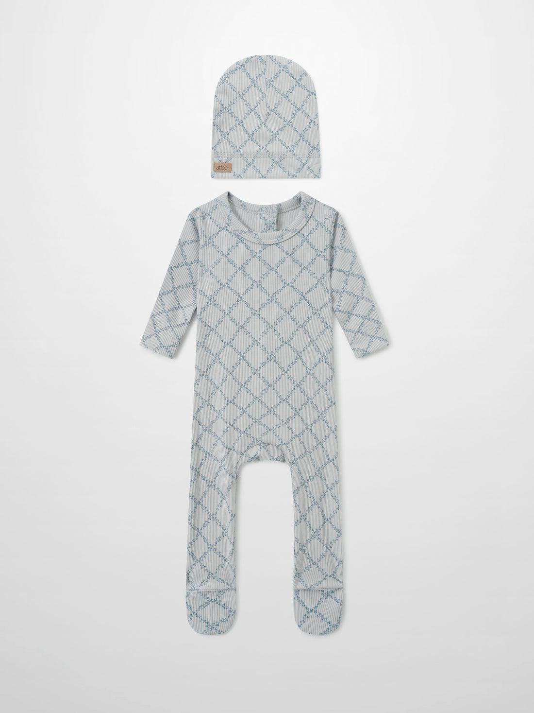 Adee Blue Leaf layette set for boys, 2-piece with beanie and footed romper in blue lattice print.