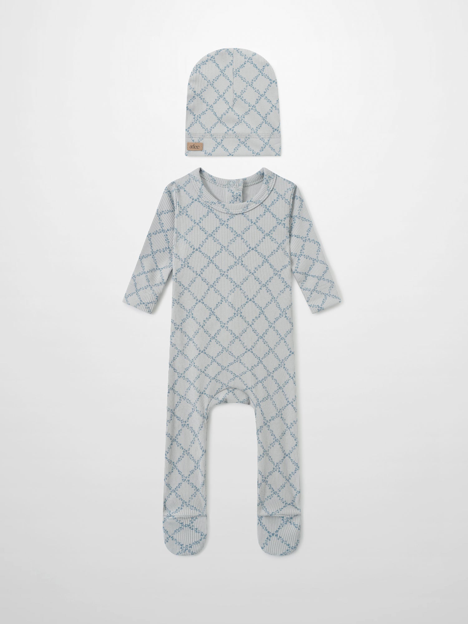 Adee Blue Leaf layette set for boys, 2-piece with beanie and footed romper in blue lattice print.