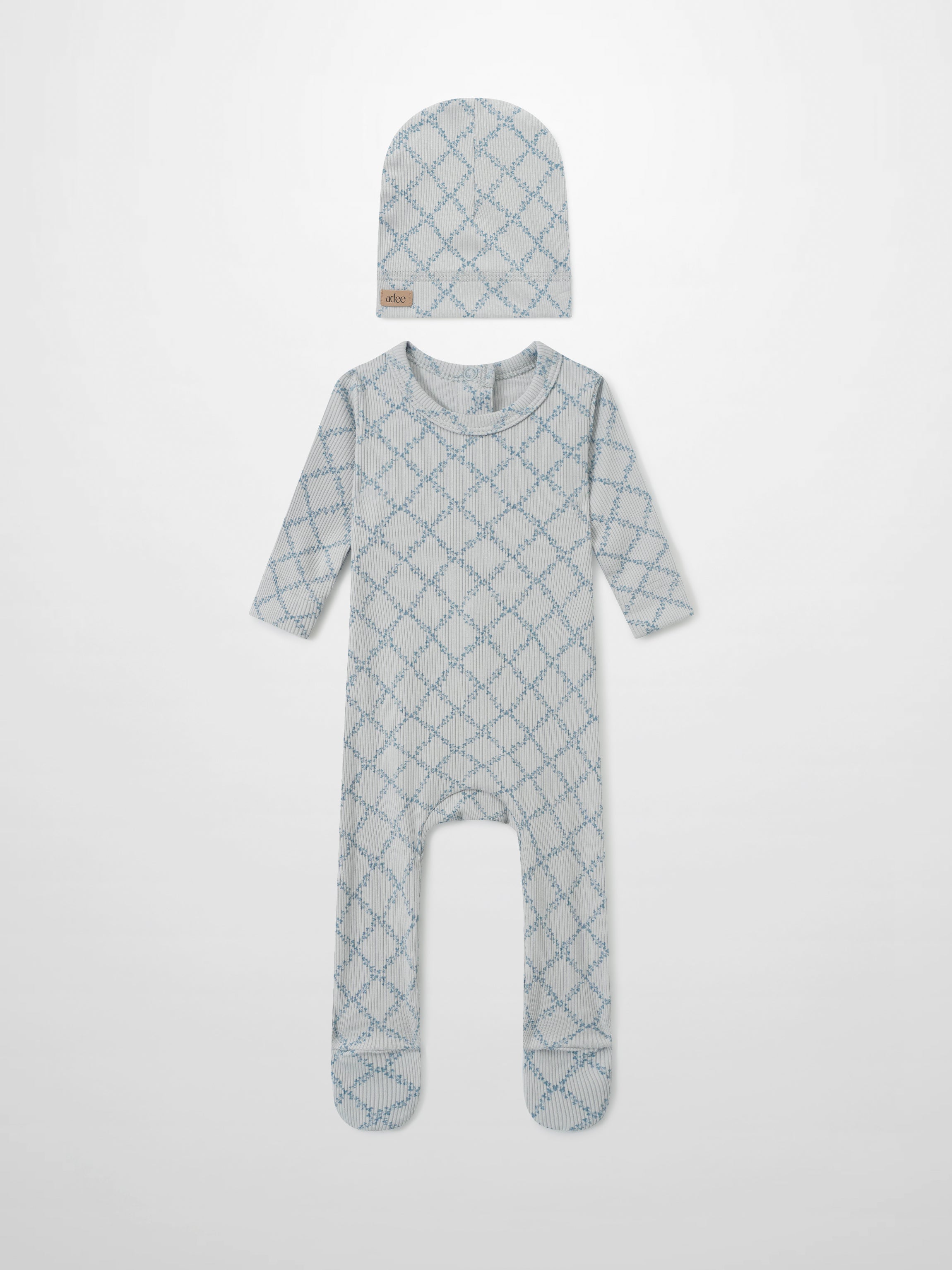 Adee Blue Leaf layette set for boys, 2-piece with beanie and footed romper in blue lattice print.