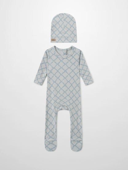 Adee Blue Leaf layette set for boys, 2-piece with beanie and footed romper in blue lattice print.
