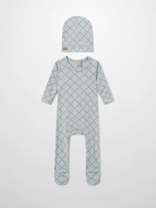 Adee Blue Leaf layette set for boys, 2-piece with beanie and footed romper in blue lattice print.