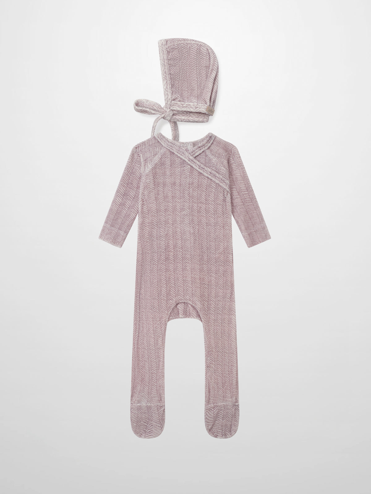 Adee Heritage Herringbone Red layette set for girls; pink-red hooded, footed romper with tie.