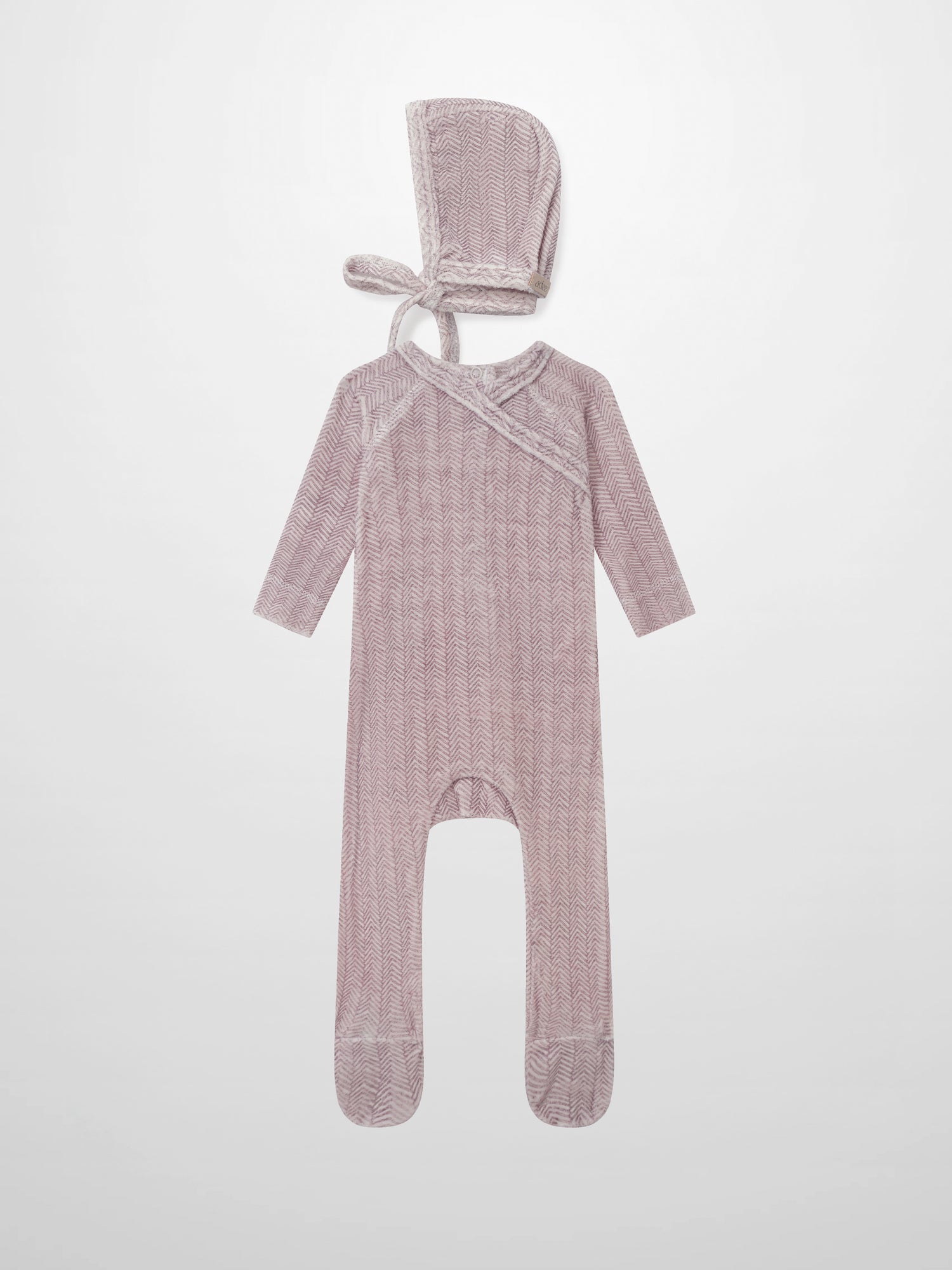 Adee Heritage Herringbone Red layette set for girls; pink-red hooded, footed romper with tie.