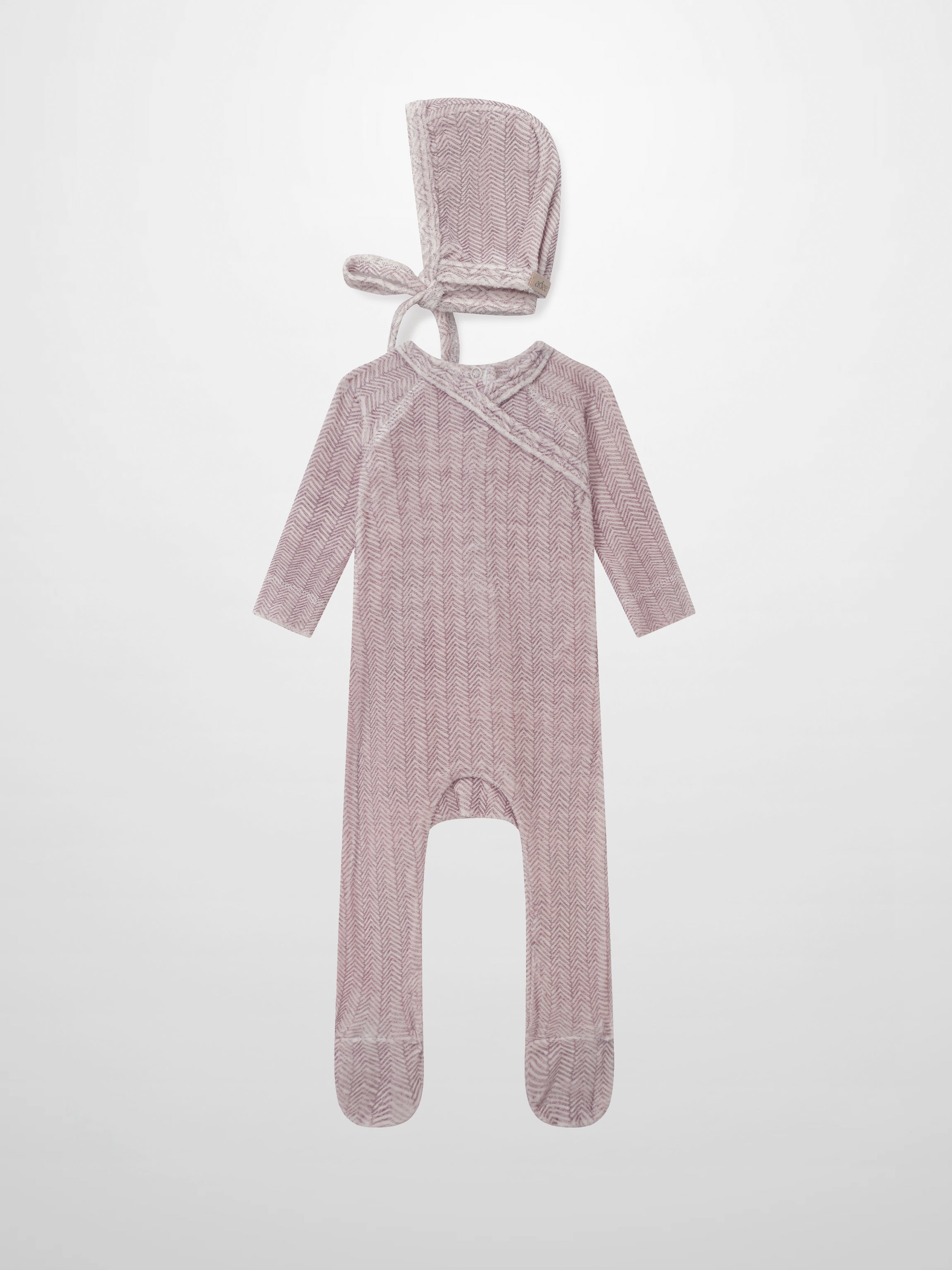 Adee Heritage Herringbone Red layette set for girls; pink-red hooded, footed romper with tie.
