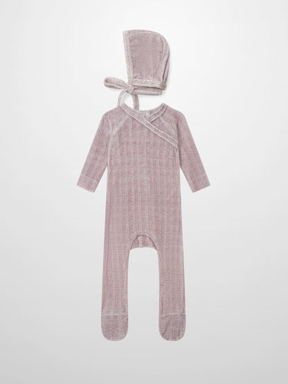 Adee Heritage Herringbone Red layette set for girls; pink-red hooded, footed romper with tie.
