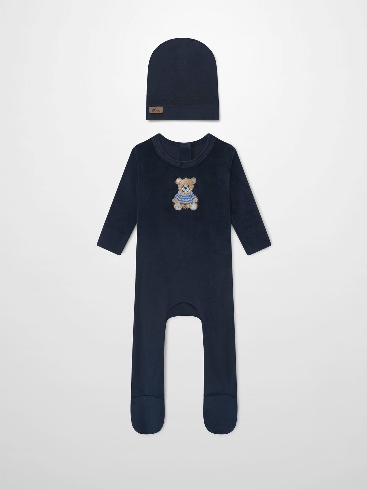 Adee Embroidered Bear Navy Boys Layette Set: two-piece navy knit hat and long-sleeve romper with bear embroidery.