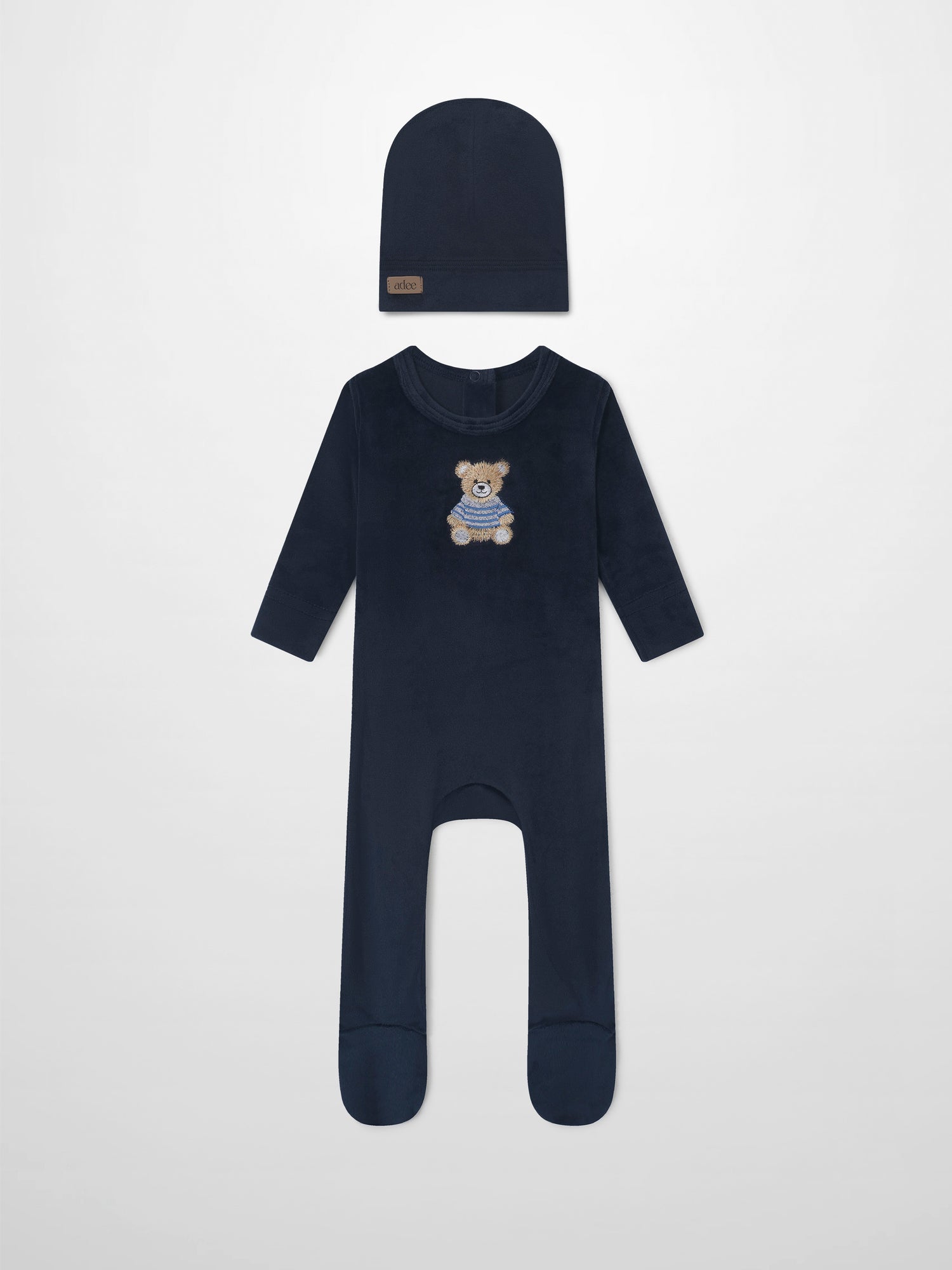 Adee Embroidered Bear Navy Boys Layette Set: two-piece navy knit hat and long-sleeve romper with bear embroidery.