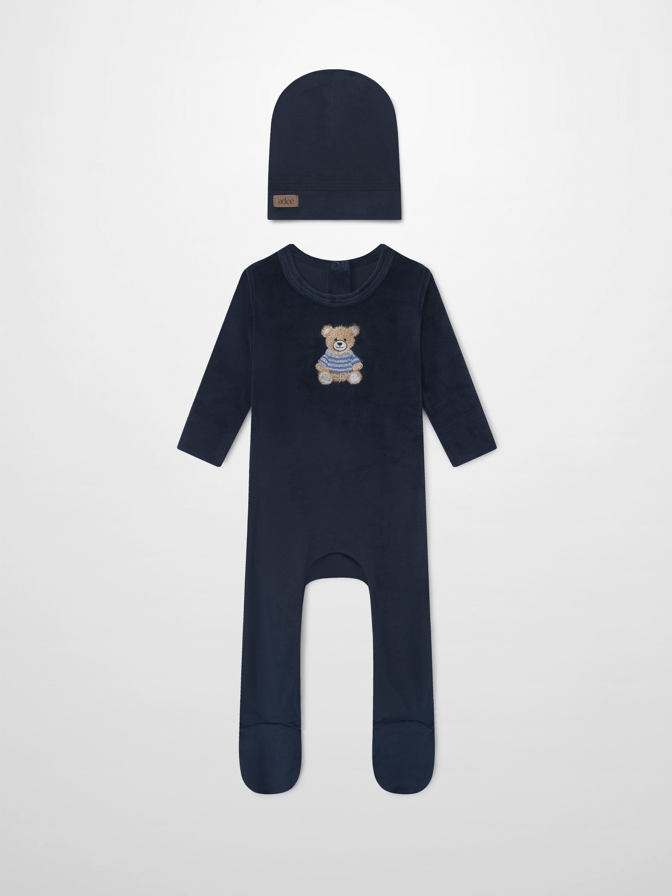 Adee Embroidered Bear Navy Boys Layette Set: two-piece navy knit hat and long-sleeve romper with bear embroidery.