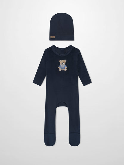 Adee Embroidered Bear Navy Boys Layette Set: two-piece navy knit hat and long-sleeve romper with bear embroidery.
