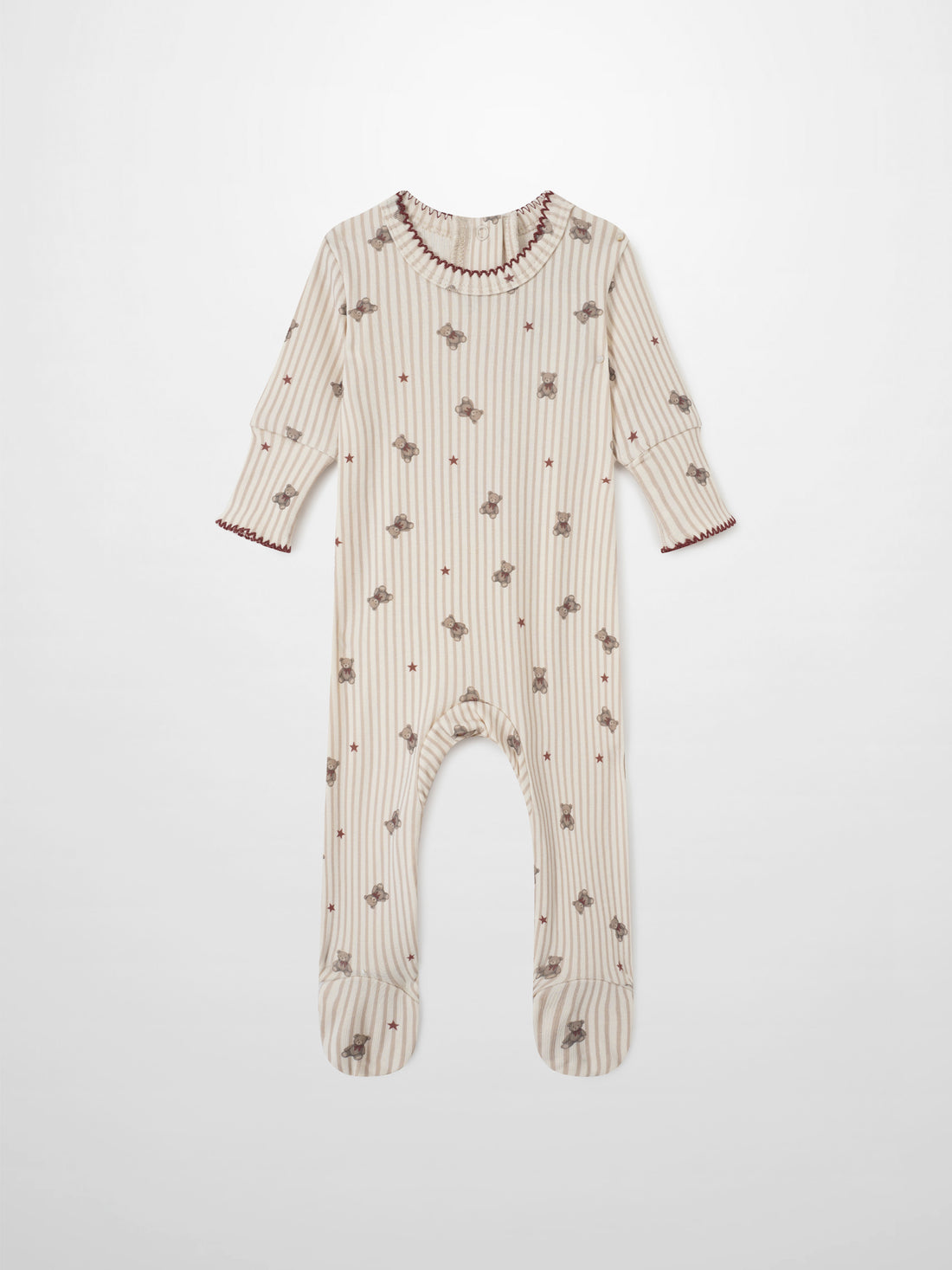 Adee Striped Bear Stretchy girls footed onesie with beige stripes, bear print and red trim