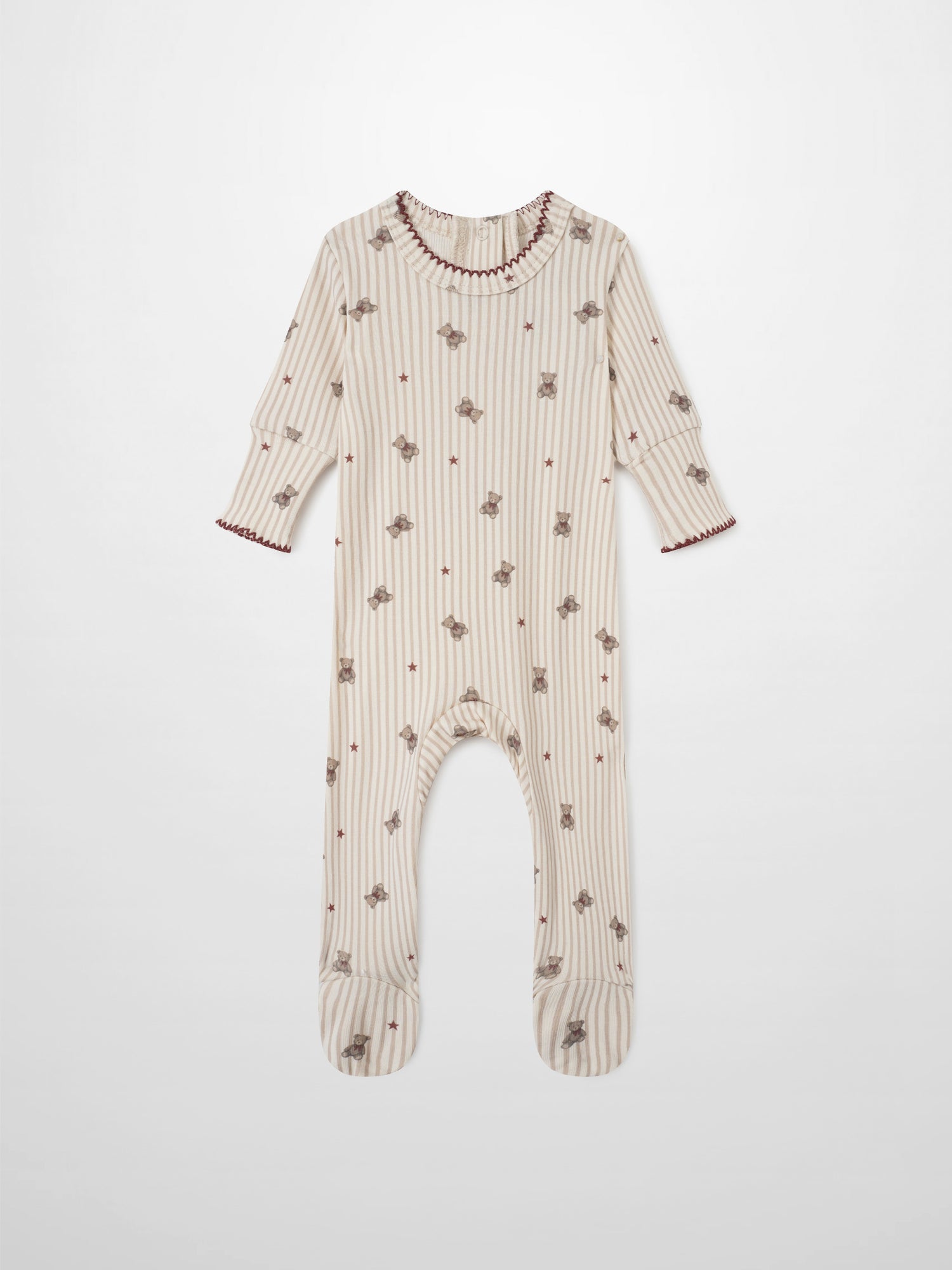 Adee Striped Bear Stretchy girls footed onesie with beige stripes, bear print and red trim