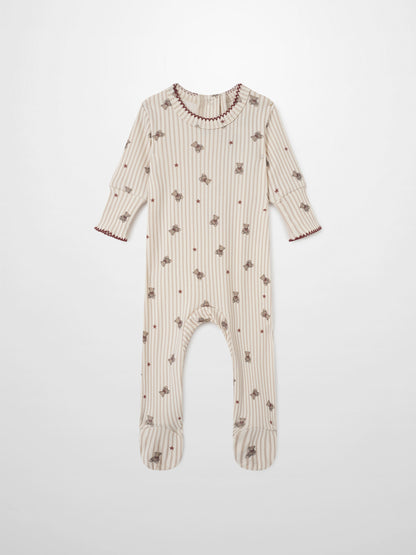 Adee Striped Bear Stretchy girls footed onesie with beige stripes, bear print and red trim