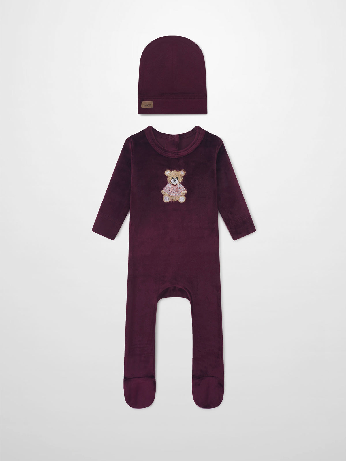 Embroidered Bear Burgundy Layette Set from Adee; burgundy beanie and matching footed onesie with bear embroidery.