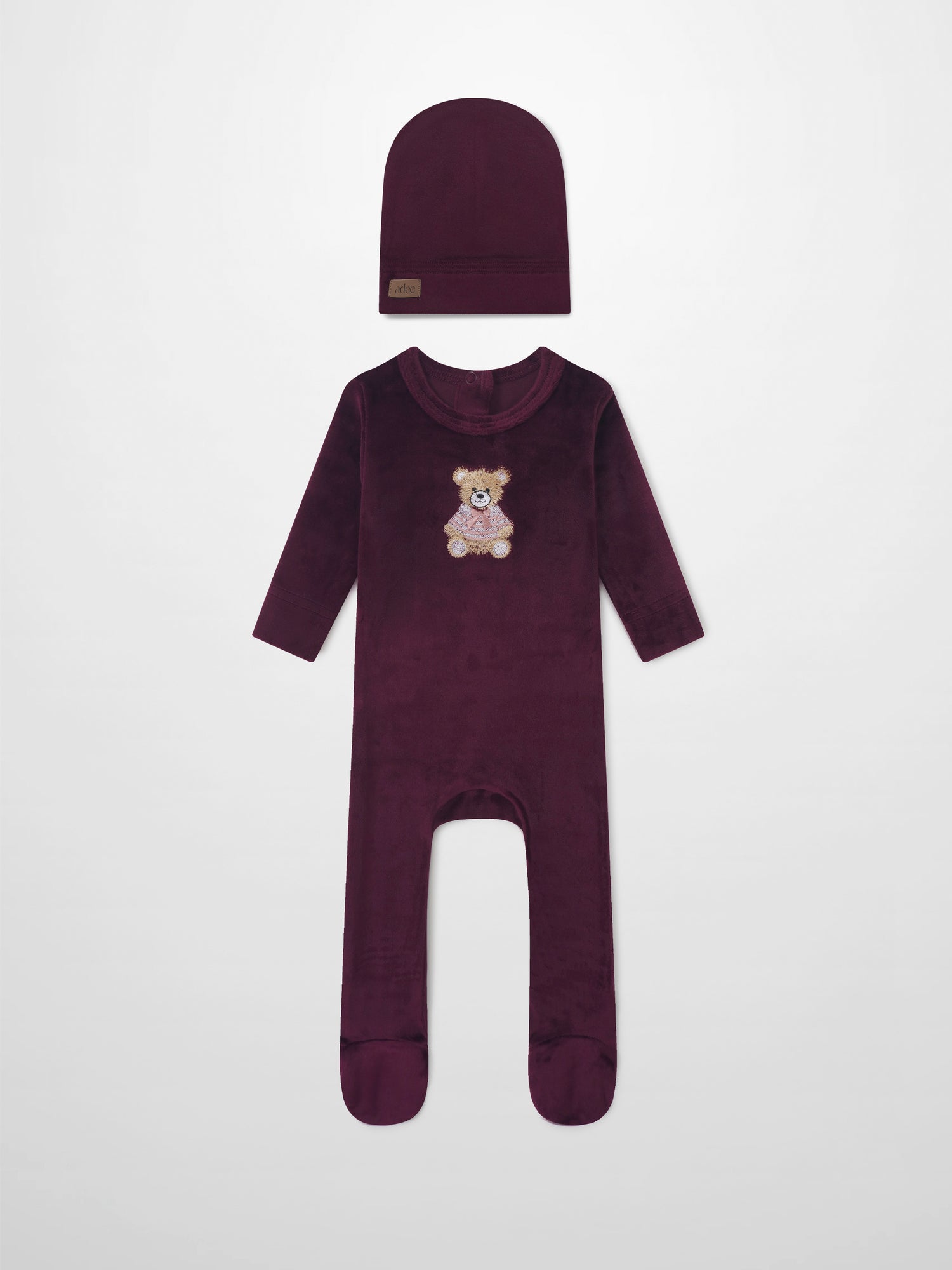 Embroidered Bear Burgundy Layette Set from Adee; burgundy beanie and matching footed onesie with bear embroidery.