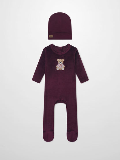Embroidered Bear Burgundy Layette Set from Adee; burgundy beanie and matching footed onesie with bear embroidery.