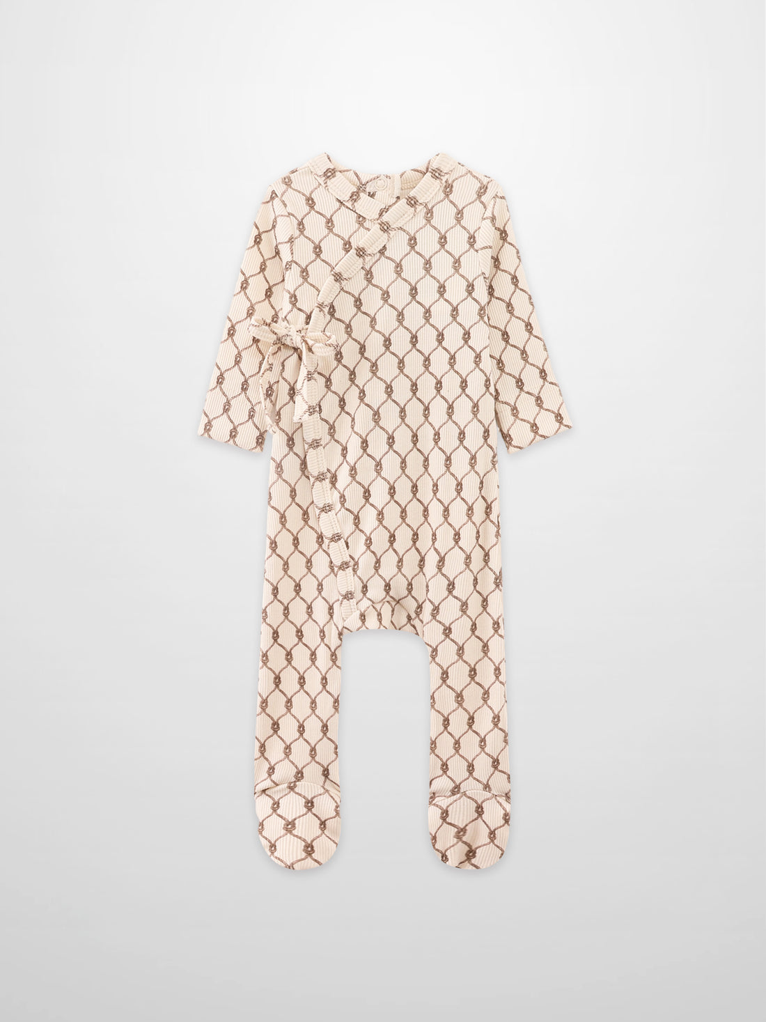 Brown Chain Stretchy Boys Stretchies romper in beige with brown chain print by Adee.