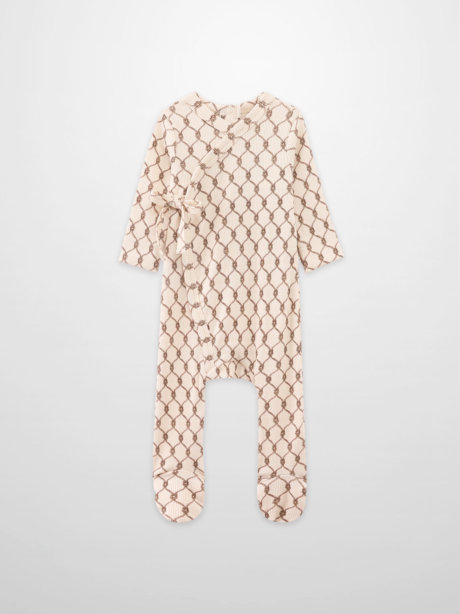 Brown Chain Stretchy Boys Stretchies romper in beige with brown chain print by Adee.