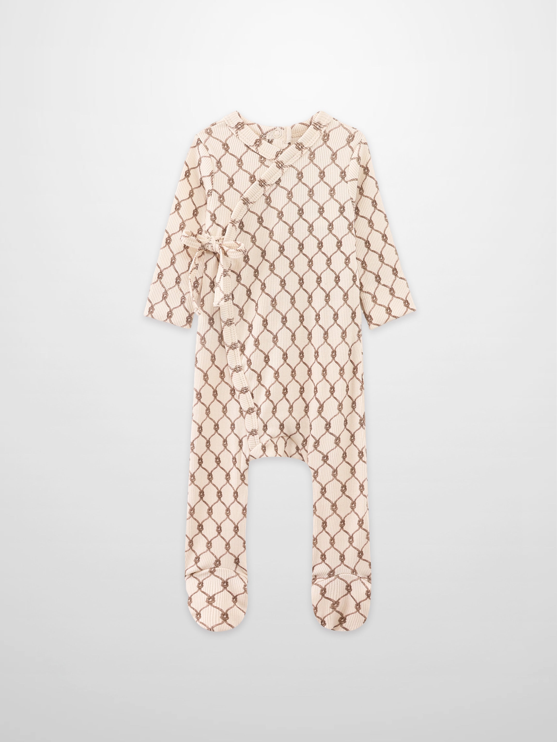 Brown Chain Stretchy Boys Stretchies romper in beige with brown chain print by Adee.