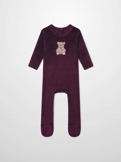 Embroidered Bear Stretchy by Adee, burgundy girls stretchies with bear embroidery.