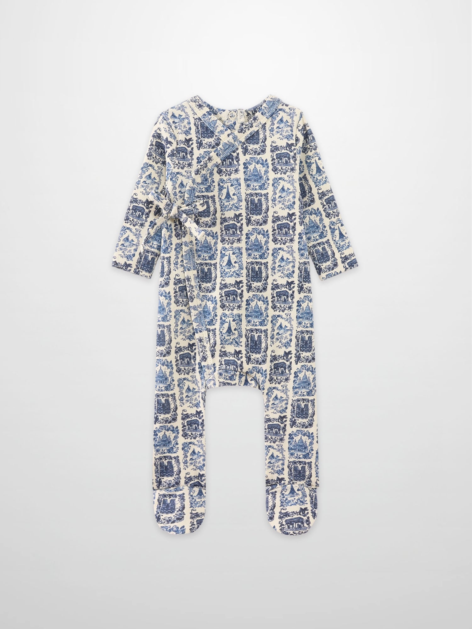 Blue Landmark Stretchy boys stretchies by Adee, footed romper with blue toile print