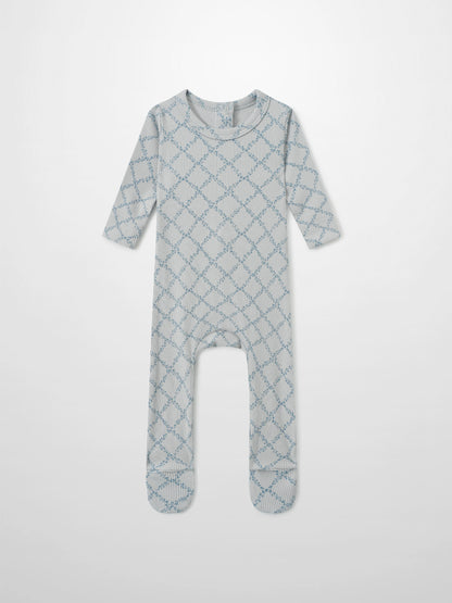 Blue Leaf layette set, ribbed knit long-sleeve footed romper for boys with blue lattice pattern