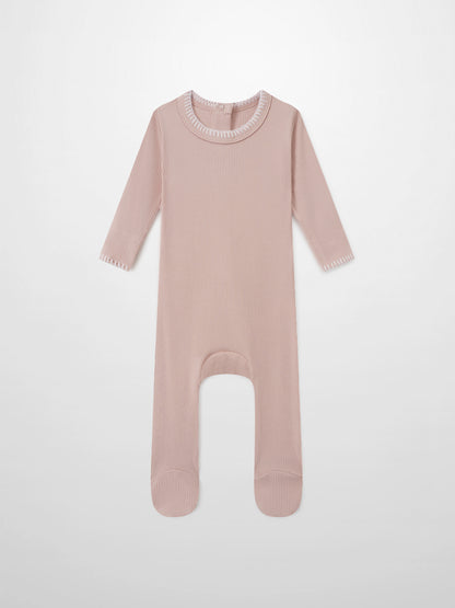 Legacy Stitch Stretchy light pink girls romper, ribbed-knit with footed legs by Adee
