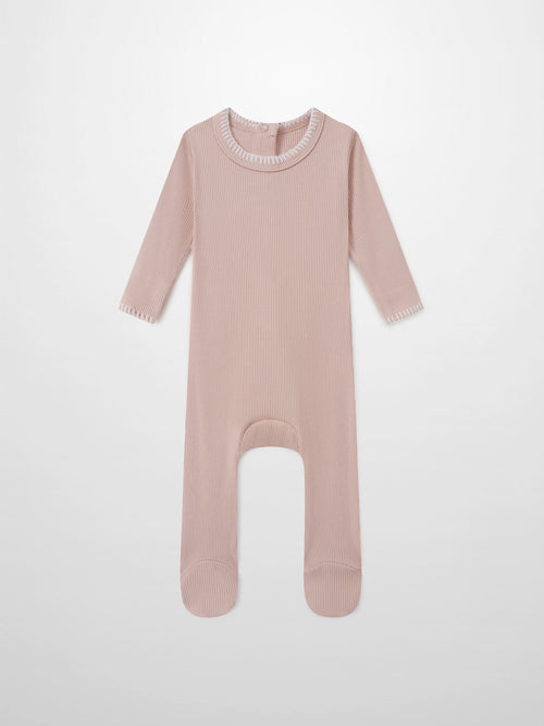 Legacy Stitch Stretchy light pink girls romper, ribbed-knit with footed legs by Adee