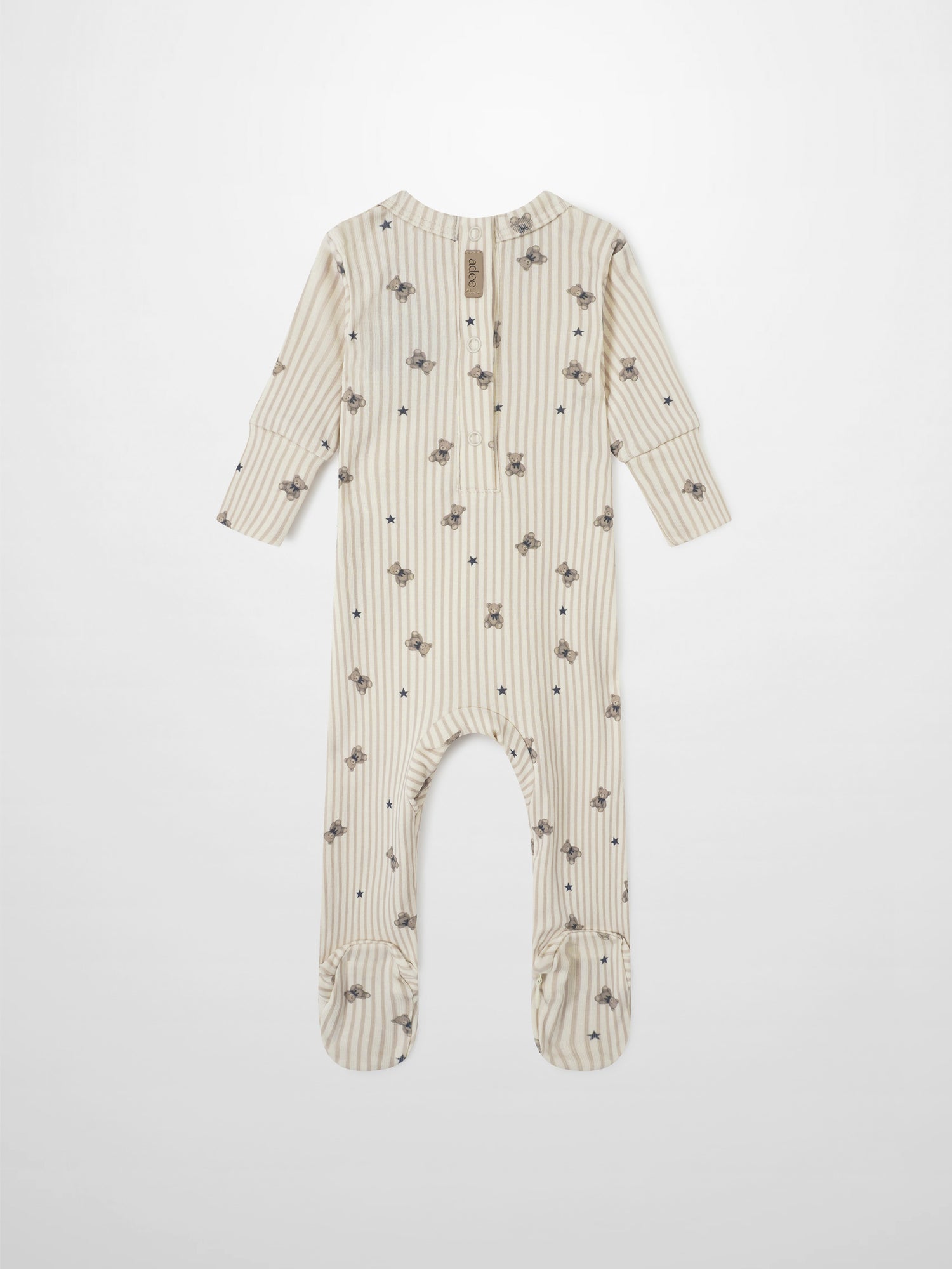 Striped Bear Stretchy Blue baby romper by Adee; beige stripes with teddy bears and stars