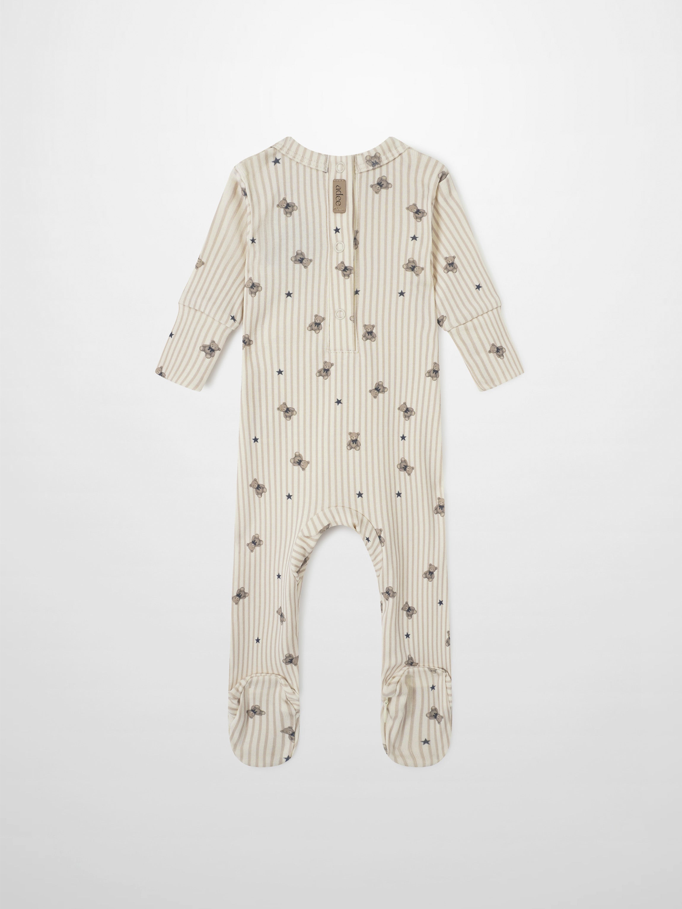 Striped Bear Stretchy Blue baby romper by Adee; beige stripes with teddy bears and stars