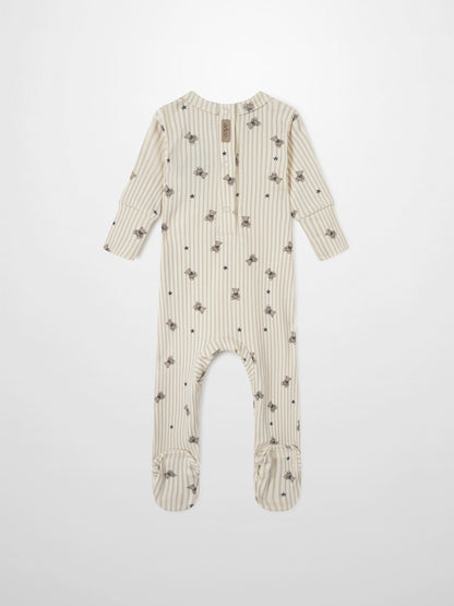 Striped Bear Stretchy Blue baby romper by Adee; beige stripes with teddy bears and stars