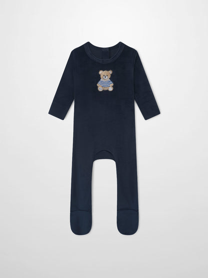 Embroidered Bear Navy layette set for boys by Adee; navy footed romper with bear embroidery.
