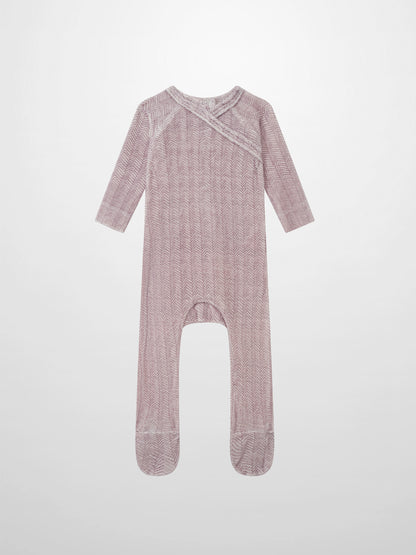 Adee Heritage Herringbone Red girls layette set; long-sleeve footed sleeper in red herringbone fabric.