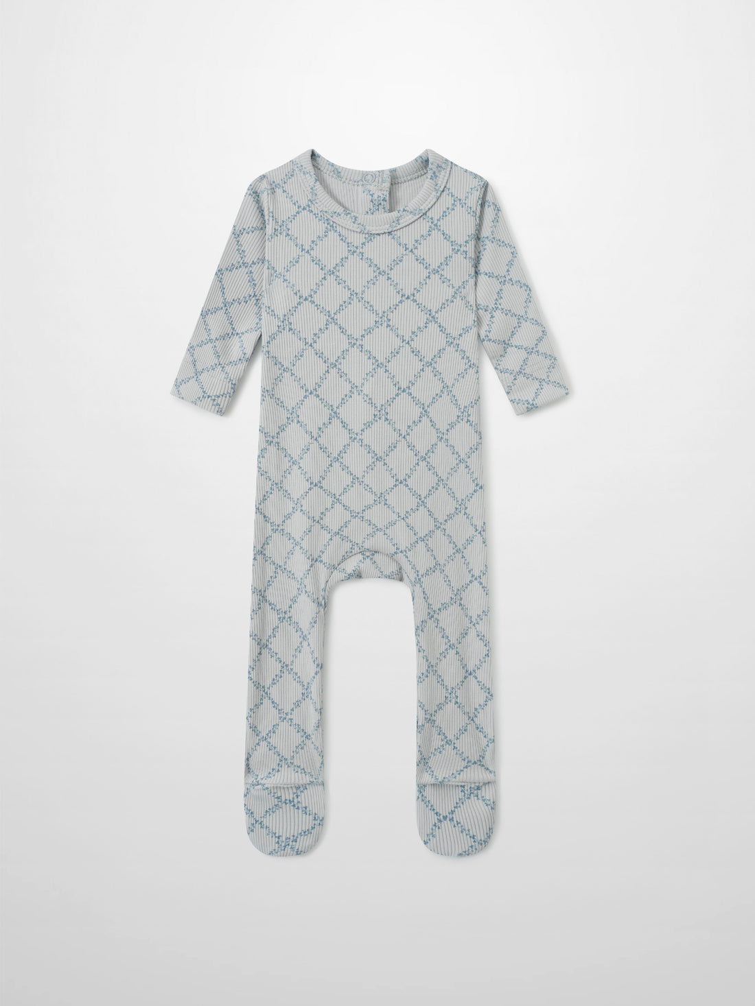Blue Leaf Stretchy boys’ sleeper by Adee, light-grey footed one-piece with blue lattice pattern.