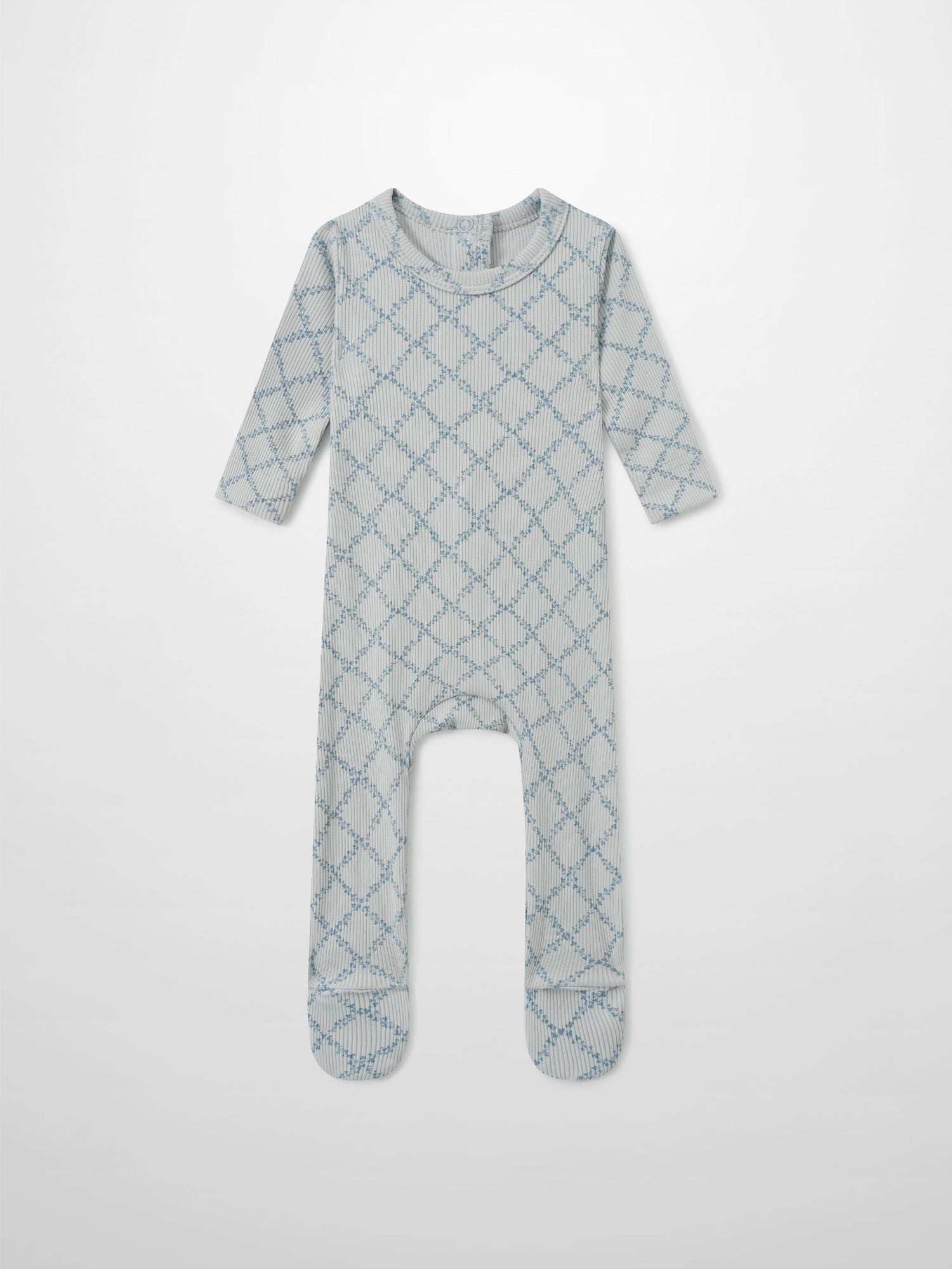 Blue Leaf Stretchy boys’ sleeper by Adee, light-grey footed one-piece with blue lattice pattern.