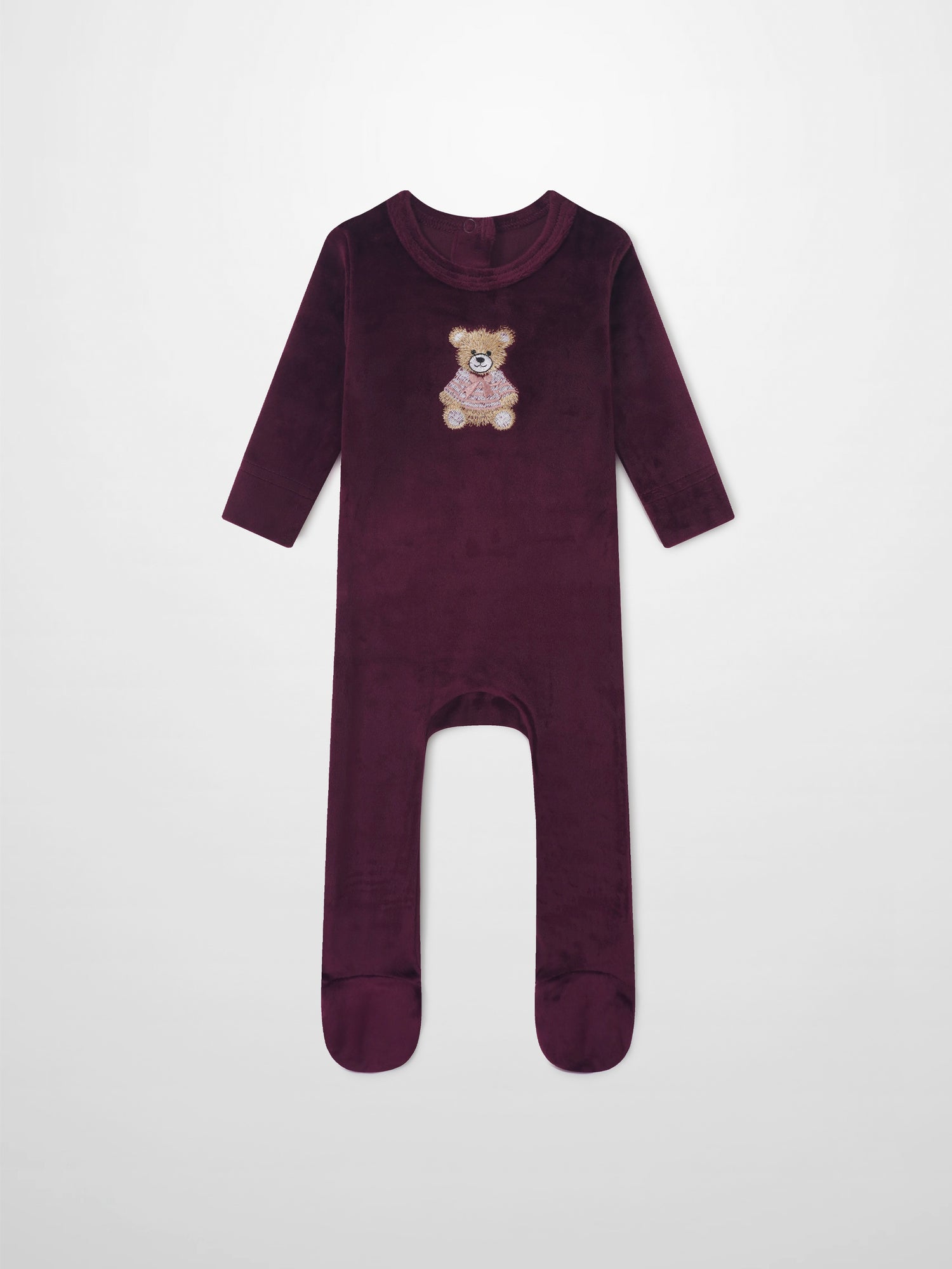 Embroidered bear burgundy layette set for girls; long-sleeve footed romper.
