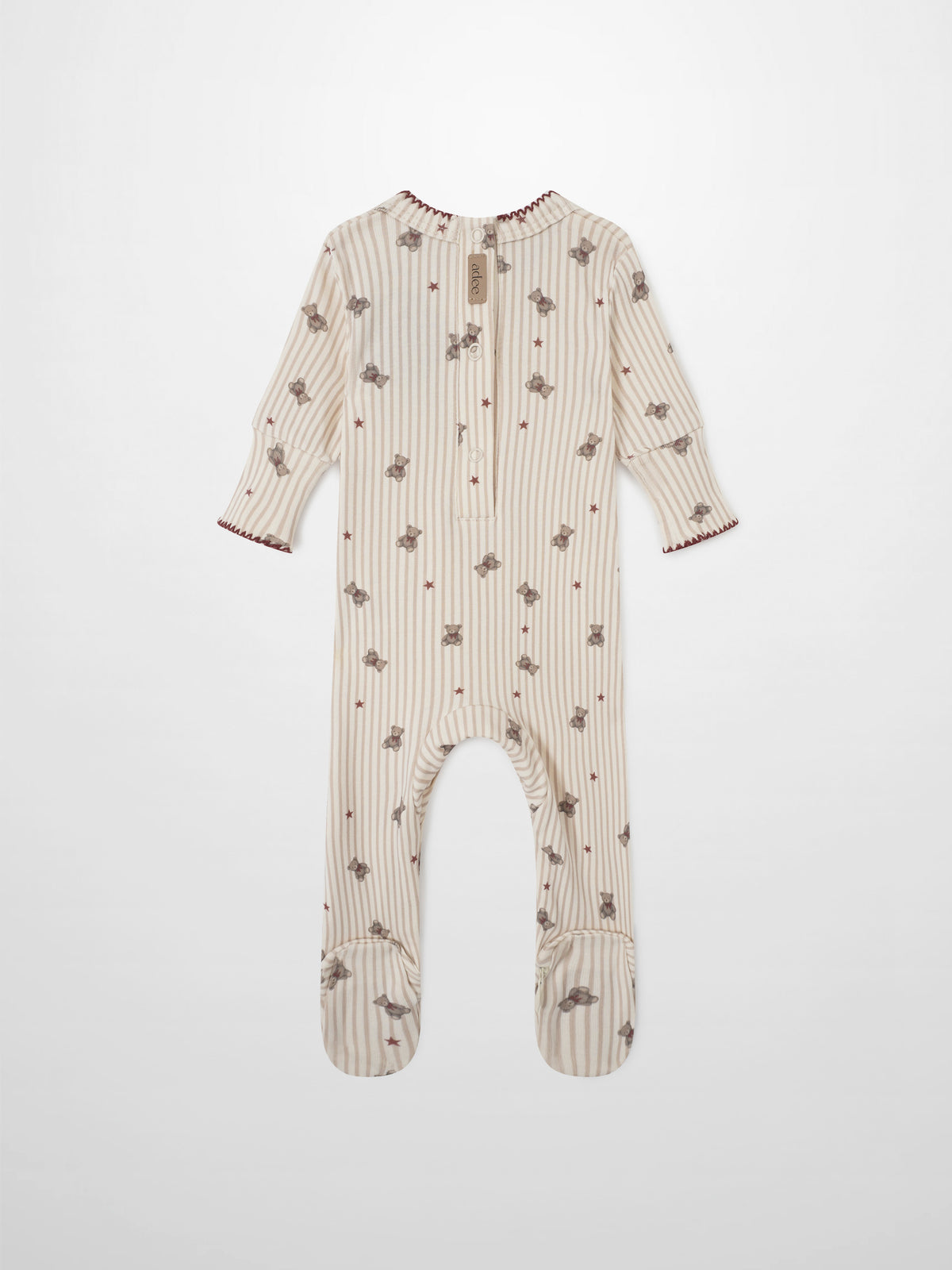 Girls Stretchies by Adee: Striped Bear Stretchy onesie in beige stripes with bear prints and red stars, footed