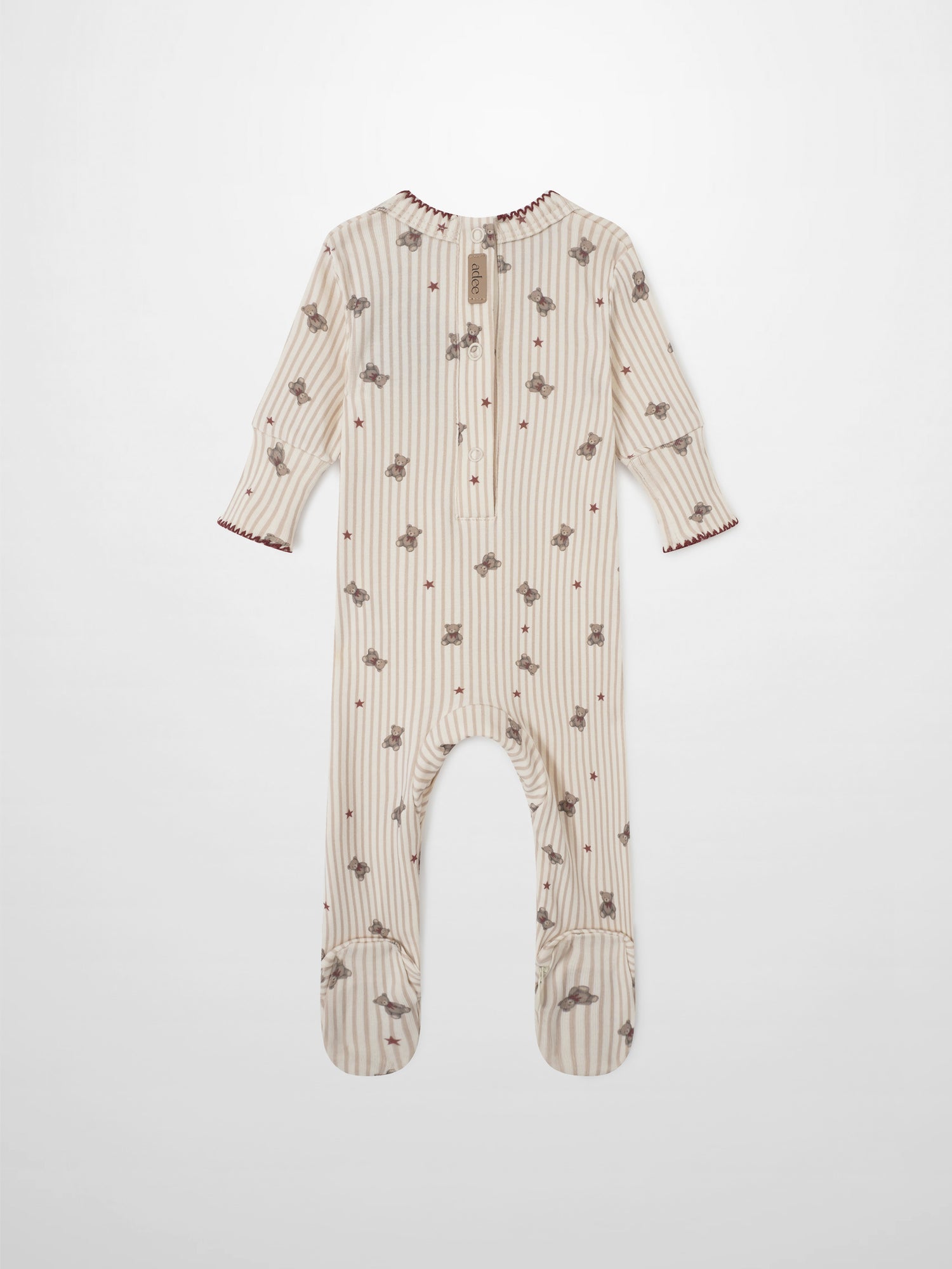 Girls Stretchies by Adee: Striped Bear Stretchy onesie in beige stripes with bear prints and red stars, footed
